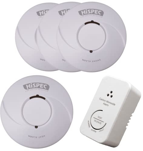 HiSPEC Smoke Alarms Heat Detectors and CO Detectors Fire Safety Kits: Fully Compliant to 2022 Scottish Legislation (3 Smoke / 1 Heat / 1 CO)