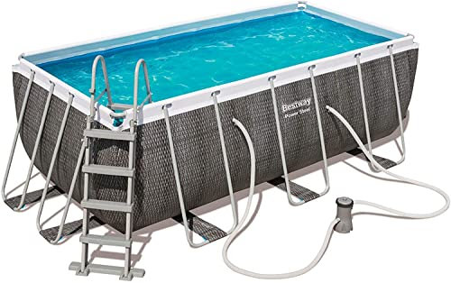 Piscina Bestway 56722 Power Steel 412X201X122 cm, Scaletta Di Sicurezza E Dosatore Chimico Chemconnect, Effetto Rattan Grigio