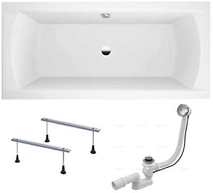 BADLAND Badewanne Original Weiß Acryl Wanne Rechteck INES 160x75 KOMPLETTSET SET + Füßen und Exklusive Chrom Automatik Ablaufgarnitur Made in EU 3in1