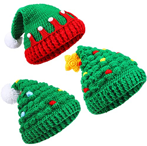 Jadive 3 Weihnachtsmützen Winter Häkel Strickmütze Unisex Warm Weihnachtsbaum Mütze mit Pelzbommel für Erwachsene, 3 Designs