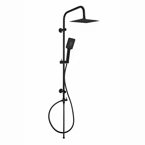 ENKI, Carre, RG066, Black, Dual Rigid Riser Kit with Square Ultra Slim High Pressure Overhead Showerhead and Multi Function Hand Shower Set, Stainless Steel, Modern, Easy to Install, 1-Year Guarantee