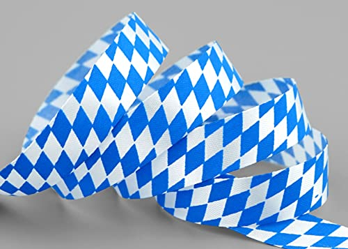 finemark 25 m x 15 mm Dekoband Bayern Raute BLAU Weiss Schleifenband Geschenkband ohne Draht Stoffband Karo Taftband Oktoberfest Bayrisch Biergarten Biertisch Dekoration Tischdeko Karoband