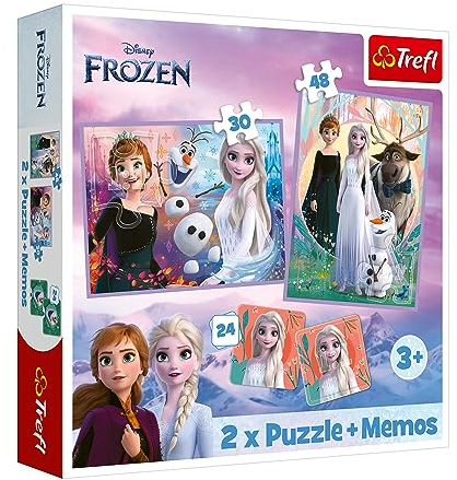 Trefl - Disney Frozen 2, Prinzessinnen in ihrem Reich - 3in1: 2X Puzzle + Memory-Spiel, Puzzle mit Figuren der Fernsehserien, 30 und 48 Teile, 24 Memos, für Kinder ab 3 Jahren