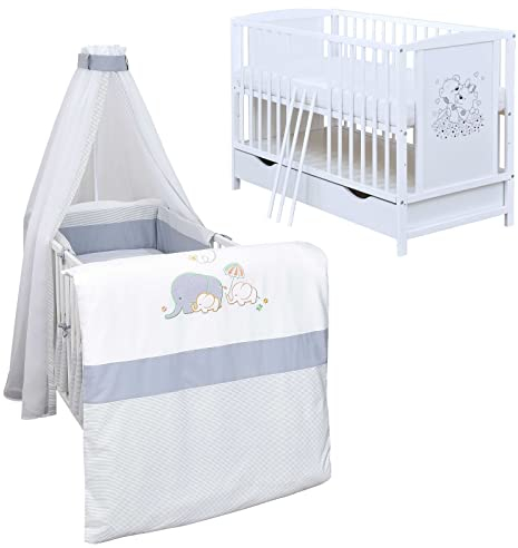 Generisch Baby Delux Babybett Komplett Set Mia umbaubar zum Juniorbett weiß 120x60 Matratze Schublade Schutzgitter Bettset Premium (Elefant)