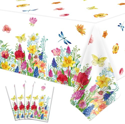 4 Pack Sommer Florale Plastik-Tischdecke Watercolor Wild Flowers Tischdecke Frühling Einweg-Plastik-Tischdecke Picknick-Tischdecke Blume Party Dekorationen Blume Thema Geburtstag Dekor 86 x 51 Zoll