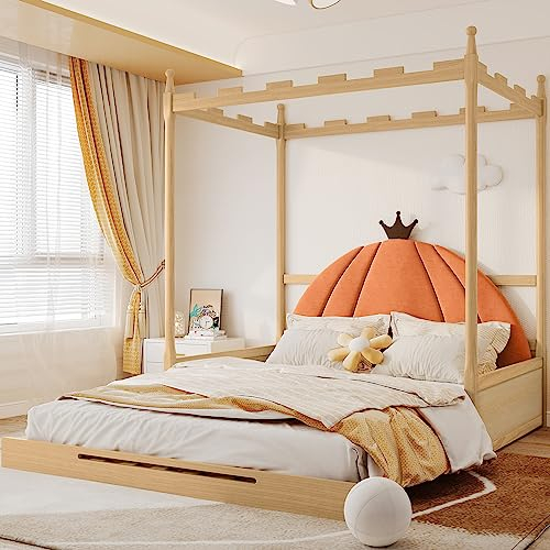 Moimhear Erweiterbares Holzbett, Schiebebett, Kinderbett, Quadratisches Schlossdach, Tagesbett, Doppelbett, Samtkissen in Kürbisform, Rahmen aus Kiefernholz, Natur und Orange (140x100cm&140x200cm)