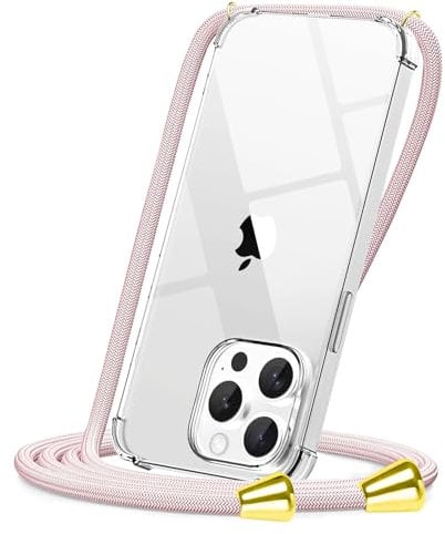 CAROKI Crossbody Case for iPhone 15 Pro Max,Necklace Mobile Phone Cover with Cord Strap Clear Transparent TPU Soft iPhone 15 Pro Max Cover Holder with Neck Cord Lanyard Strap-Rose Gold