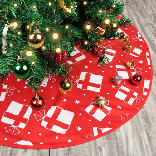 Minicoco Red Christmas Tree Skirts,36 inch Christmas Tree Skirts Christmas Decorations Xmas Tree Skirt Snowflake Gift Box Base Cover for Christmas Decoration for Party New Year Home Decor