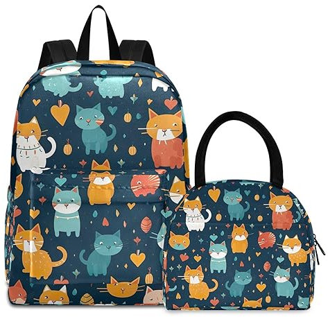 RPLIFE Música con notas musicales y corazones, mochila enfriadora aislada, impermeable, mochila para niñas con lonchera, Gatos con peces y estrellas en azul oscuro, Talla única