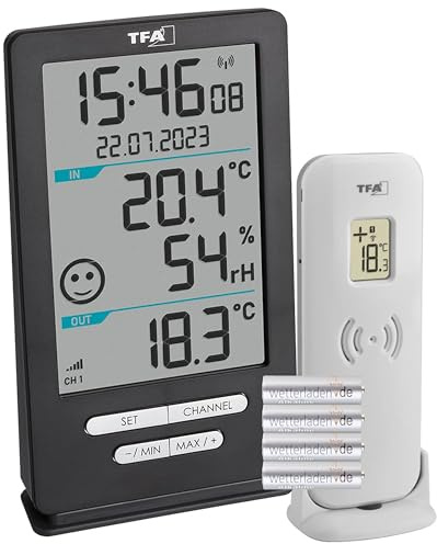 TFA Dostmann Funk-Thermometer XENA HOME, 30.3074.10, für Außen und Innen, Raumklimaüberwachung, mit Außensensor, Max.-Min.-Werte, Temperatur, Luftfeuchtigkeit (anthrazit mit Batterien)