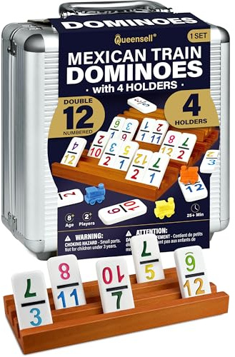 Queensell Mexican Train Domino-Set mit Zahlen und 4 Haltern - Holznabe und Domino-Halter - Doppel 12 mit Zahlen