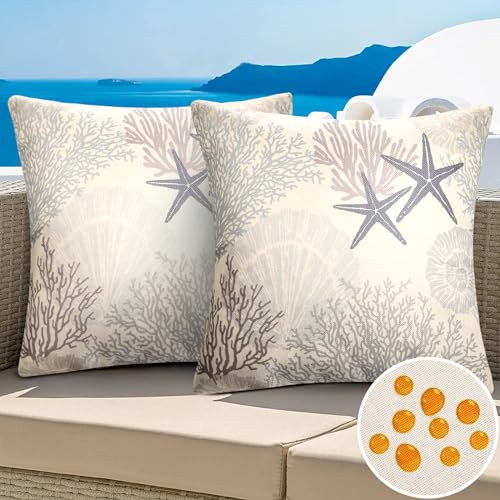 MAIXUN 2 Stück wasserdichte Kissenbezug Moderne Kissen Dekorative Outdoor Wasserfest Bauernhaus Kissenbezüge leinen Seestern Sofakissen Blumen für Garten Sofa Gartenbett Couch Kissen