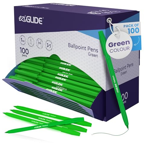 Eziglide Ballpoint Green Pens, Medium Point Nib (1.0mm),100-Pack | Ultra-Smooth, Skip-Free Writing & Quick-Dry Ink – Multipack Green Biro, Ideal for Office, Work, School, Home & Stationery Use