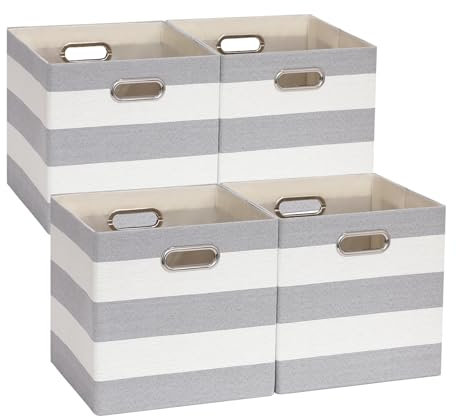 BinWhiz 4-Pack 33x33x33 cm Foldable Storage Cube Bins, Fabric Stripes Home Organizer Boxes with Metal Handles for Kallax Shelves, Closet, Cabinet, Bookcase Decor and Laundry (Grey & White)