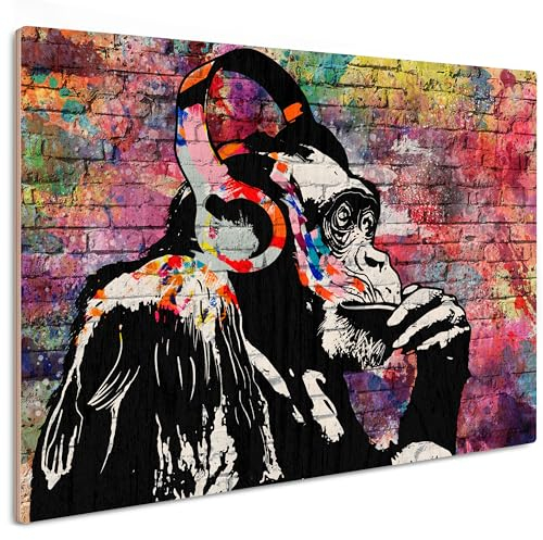 HEALANCY Bilder Banksy Street Art - 100% HOLZ - KOMPLETT AUFHÄNGFERTIG - Wandbilder Wohnzimmer - Deko Modern - Wanddekoration Schlafzimmer - Kunstdruck Wanddeko - Affe Tiere Graffiti bunt