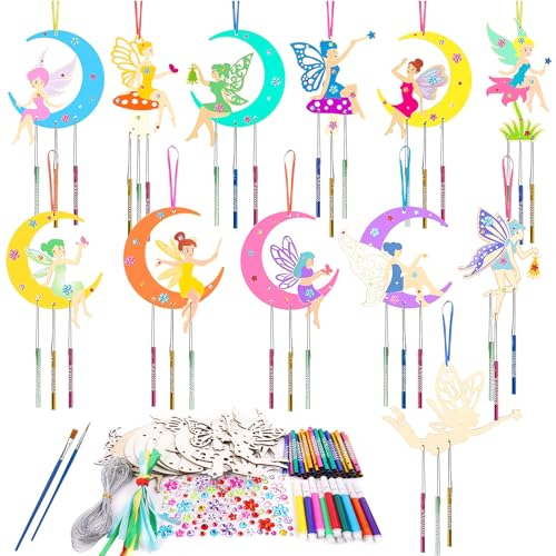 Ainiv 12 Stück Fee Windspiel Bastelset, Holz Basteln Kinder Mädchen, Klangspiel Bemalen Handwerk, Feen Kreativ DIY Doppelseitig Holz zum Bemalen, DIY Spielzeug Geschenk für Geburtstagsparty Mädchen