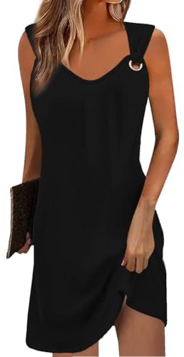 Yeenily Sommerkleid Damen Ärmellos V-Ausschnitt Freizeitkleider Elegant Tank Kleider Lässig Locker Trägerkleid Sommer Minikleid Mode Strandkleider Kurze Tunique Blushkleid (Schwarz, S)