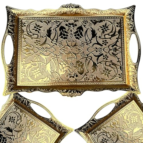 Vassoio divertente in stile vintage turco, 37 x 24 cm, multiuso, non ossidante, in lega di zama, decorativo, stile ottomano, vassoio rettangolare per caffè e bevande (oro)
