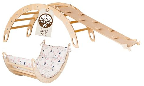 WoodsCraft Kletterbogen mit Kissen & Rutsche Indoor | Wippe Kinder & 2in1: Babyrutsche & Rampe | Holz Montessori Klettergerüst Indoor Spielgeräte & Spielplatz | Klettern Kinder Indoor & Klettern Baby