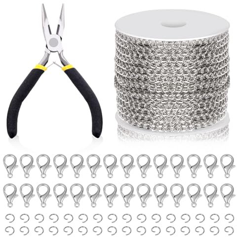Swpeet 102Pcs Weiß K Farbe 3mm um 10 Yard Länge Schmuck Herstellung Ketten Kit mit Sprungringen, Hummerverschlüsse und Schmuck Zange, Halskette Ketten Kabel Link Kette Bulk für DIY Kette Herstellung