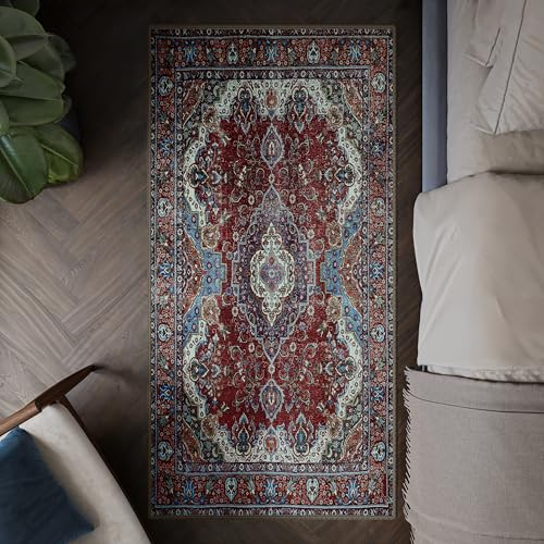 artyrugs Waschbarer Teppich, 80x150cm, 75% Recycelte Baumwolle, Kurzer Flor, rutschfeste Rückseite, Fusselt Nicht, Teppiche für Wohnzimmer, Schlafzimmer, Küche, Flur, Büro, Burgunderrot & Blau