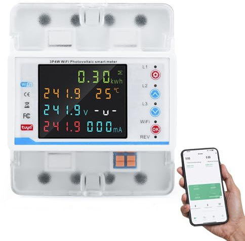 Jadeshay Stromzähler 3 Phasen 4P 100A 380VAC Drehstromzähler Smart Meter 3 Phasen WLAN Balkonkraftwerk Intelligenter Leistungsschalter mit LCD-Farbdisplay Über-/Unterspannungsschutz(Without CT)