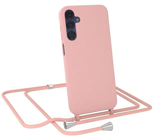 EAZY CASE - Hülle mit Band kompatibel Samsung Galaxy A15 Handyhülle für Galaxy A15 Hülle Silikon mit Mikrofaser stoßfester Fallschutz Kette zum Umhängen Handykordel in Alt Rosa - Clips Silber