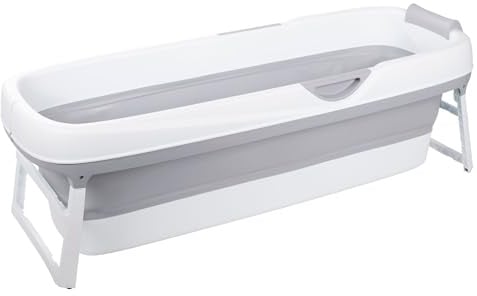 HelloBath® Faltbare Badewanne XXL 156x60x48 cm für Erwachsene | Tragbare Badewanne mit Kopfstütze & verlängerbarem Ablaufschlauch (3 m) | Mobile für Dusche & Outdoor – Hellgrau