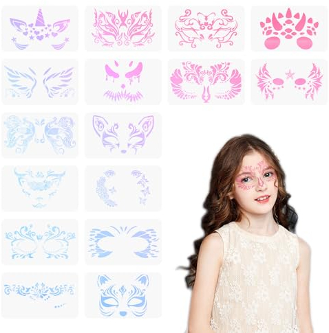 Vordpe 16 Stück Kinderschminken Schablonen, Face Paint Schablonen, Tattoo Schablonen Wiederverwendbar Kinder, Für Kinder Halloween Urlaub Party Make-Up Körperkunstmalerei