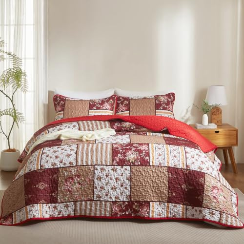 3-teiliges Patchwork-Bettwäsche-Set mit floralem Karomuster, Queen-Size-Bett, rot, braun, weiß, kariert, Patchwork mit Pfingstrosen, gesteppt, Tagesdecke, Deckeset, weich, leicht, Mikrofaser, für alle