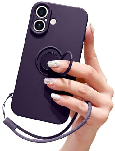 Pepmune Compatible with iPhone 16 Case Liquid Silicone with Ring Holder Kickstand Magnetic Car Mount Detachable Wrist Strap Shockproof Soft Protective Cover-Dark Purple