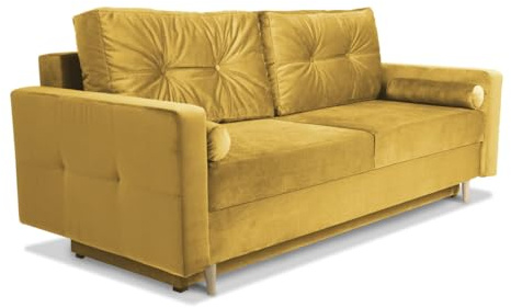 MG Design Sofa mit Schlaffunktion 215x70 cm (Liegefläche 190x150 cm) gelb - 3 er Couch mit Bettzeugablage, Armlehnen, 2 Kissen - Velours - 3-Sitzer Sofa, für Wohnzimmer/Gästezimmer, Wohnzimmer Möbel