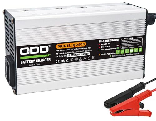 QDD 14.6V 20A LiFePO4 Battery Charger,12V LiFePO4 Lithium Iron Battery Maintenance Smart Charger with Alligator Clips Connetor