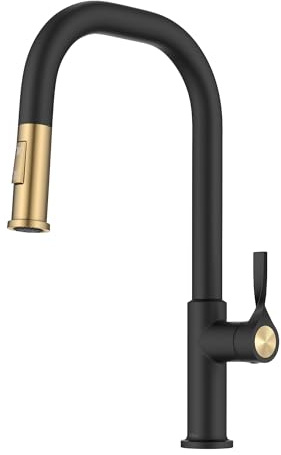 KRAUS Torak KPF-2841SFBBMB Robinet de cuisine rabattable en laiton brossé sans tache/noir mat avec pulvérisateur à 2 fonctions, conduites d'eau pré-attachées et matériel de montage