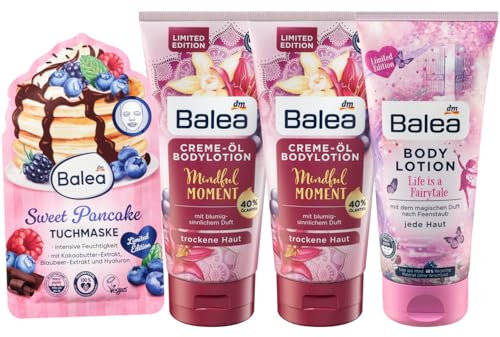 Balea 4er-Set Hautpflege: Tuchmaske SWEET PANCAKE intensive Feuchtigkeit schokoladiger Duft (1 St) + Körperlotion Creme-Öl MINDFUL MOMENT (2 x 200 ml) + Bodylotion LIFE IS A FAIRYTALE (200 ml), 600 ml