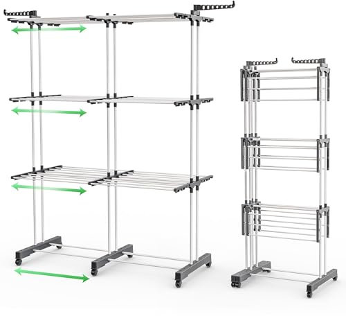 VOUNOT® Wäscheständer Turm Ausziehbar, Platzsparender Turmwäscheständer für Innen & Außen, mit Faltbaren Flügeln, Teleskopstange und 6 Rollen, 40m Trockenlänge, 3 Ebenen, Weiß