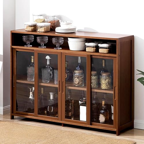 MBBTAG Weinschrank, küchenvitrin, barschrank vintage, Bambus, bar schrank wohnzimmer, Zusammengebaut, Schiebetürdesign, küchenschränke, wine cabinet, Geeignet für Küche/Wohnzimmer/Bar/Büro(Braun,117x3