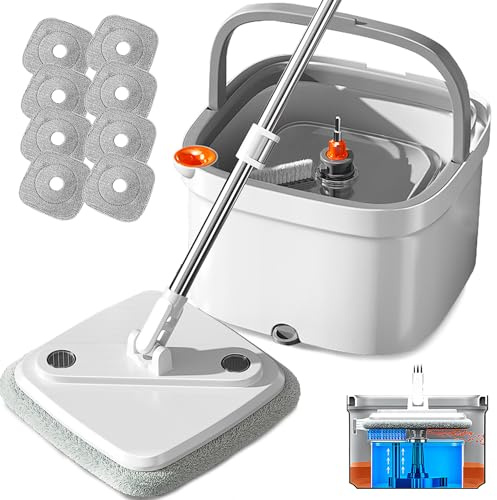 KZKR Spin Square mop and Bucket System with Wringer Set for Home with 8 Mop Pads (Grey,White)