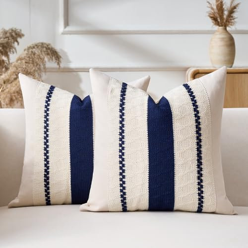 Aisybaklyn Boho Deko Kissenbezug 40x40 Dekokissen Sofakissen Kissenbezüge Modern Baumwolle Blau Geflochtene Zierkissen Couchkissen Kissenhülle für Bauernhaus Garten Schlafsofa Couch Kissen 2er Set