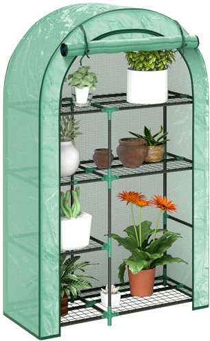 Outsunny Gewächshaus mit Runddach Tür, Regale, winterfest Foliengewächshaus aus Stahl, Treibhaus für Balkon, Garten, Tomatenhaus 100 x 45 x 160 cm, Tomatengewächshaus für Tomaten, Gemüse, Blumen, Grün