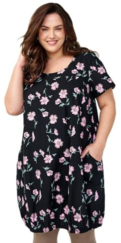 Zizzi Robe à manches courtes avec imprimé, taille 42-56, Noir avec fleur rose, 44-46 grande taille