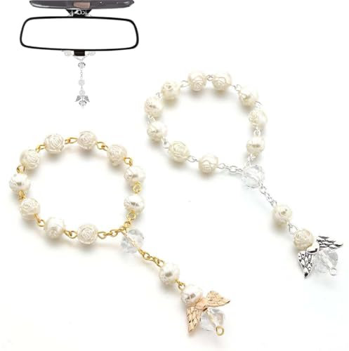 FENQURO 2 Pcs Rosenkranz Auto Zum Schutzengel Anhänger, Rückspiegel Anhänger, Guardian Angel, Auto Deko Innenraum, Autospiegel Anhänger, Glücksbringer Auto, Autozubehör, Schutzengel Geschenk