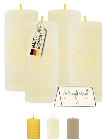 Wachsmann Adventskerzen 4er-Set, 100% Bienenwachs, handgerollt, Made in Germany, weiß mit Herz, Bienenwachskerzen mit je 6 Stunden Brenndauer, Stumpenkerze für Weihnachten (4 x 10 cm)