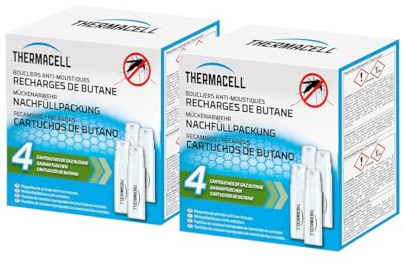 THERMACELL 8 Cartouches Gaz Butane Anti Moustiques Tigres - Extérieur | Pour Bouclier, Diffuseur et Lanterne - Effet Rapide, Inodore - Jardin, Terrasse, Piscine - THBUTANE4X2