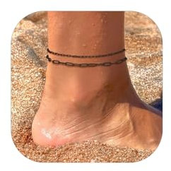 FaithHeart 2pcs Bracelets de Cheville Femme Noir Ajustables 22+5cm - Chaînes Cheville Maille Trombone 2mm & 3mm - Bijoux Élégants pour Été - Cadeau Mode