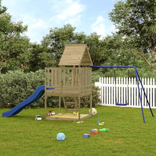 Gecheer Set da Gioco per Esterno in Legno di Pino, Scivolo Ondulato Altalena Singola Sabbiera Torre da Gioco 435x235x228 cm Legno di Pino Impregnato per Bambini 3-8 Anni