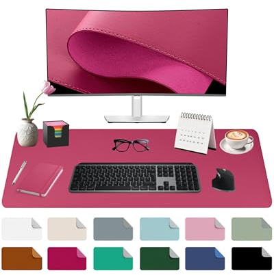 Midori Schreibtischunterlage, 90 x 43 cm PU-Leder Tischunterlage in Pink Purpur mit Randnähten | Mauspad mit rutschfester Kunstwildleder Unterseite
