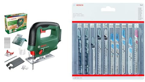 Bosch Akku Stichsäge UniversalSaw 18V-100 (ohne Akku, 18 Volt System, im Karton) + Accessories 10tlg. Stichsägenblätter Set (für Holz und Metall, Zubehör für Stichsägen mit T-Schaft Aufnahme)