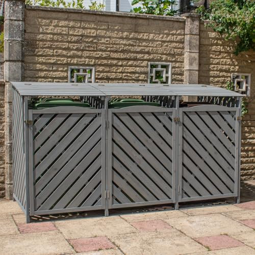 BPS Deluxe Wooden Bin Store | Wheelie Bin Hideaways Outdoor | Storage Garden Large Garbage | Grey (Triple)