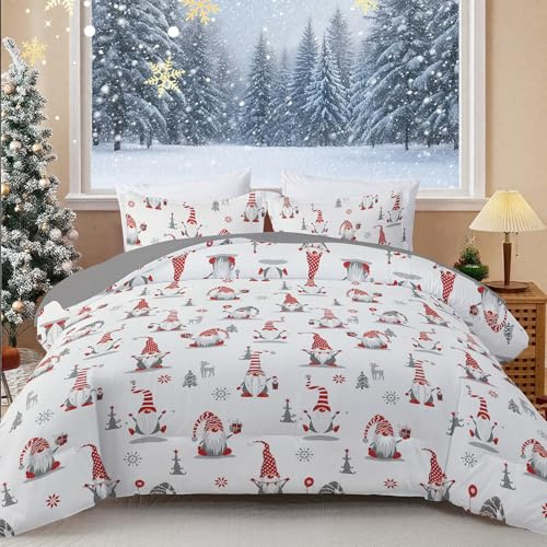 WONGS BEDDING Weihnachts Bettwäsche 135x200 2 Teilig, Weihnachtsmann Muster Weich Mikrofaser Bettwäsche-Set, Winter Weihnachten Bettbezug Set mit Reißverschluss und Kissenbezug 50x75 cm, Weiß